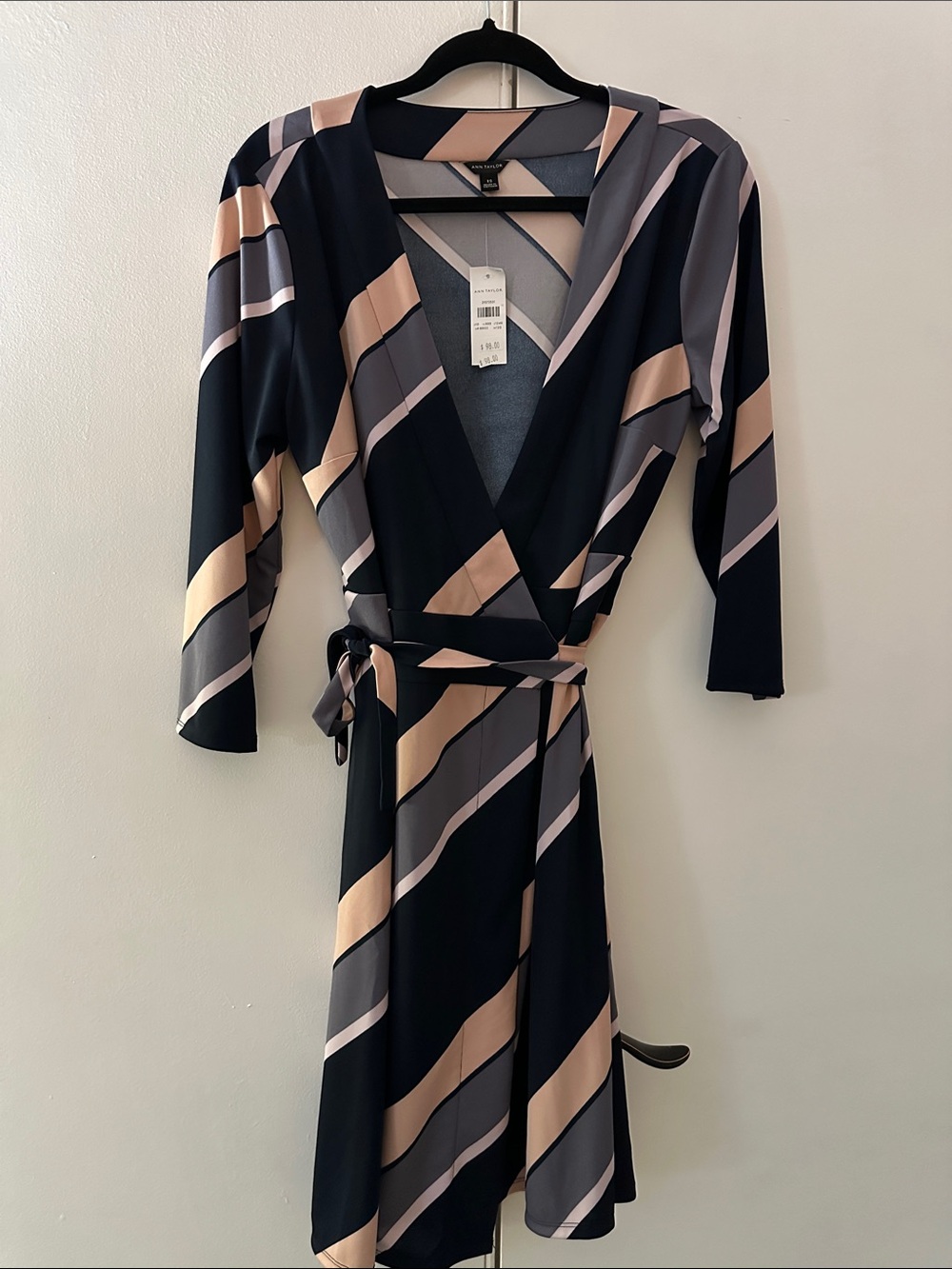 Wrap Dress with Diagonal Stripes - Navy Blue, Peach,  & Tan - Ann Taylor